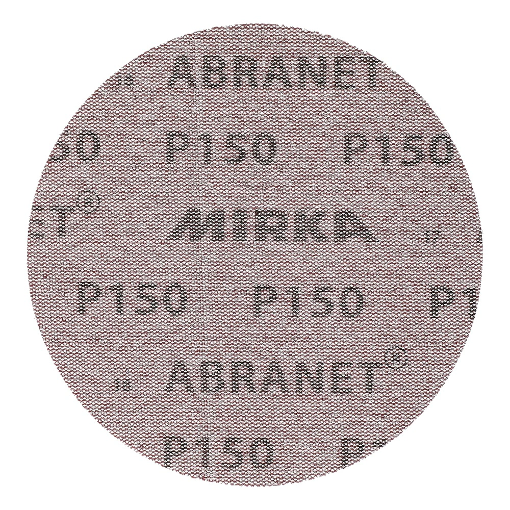 A round mesh sanding disc with black printed text on the surface