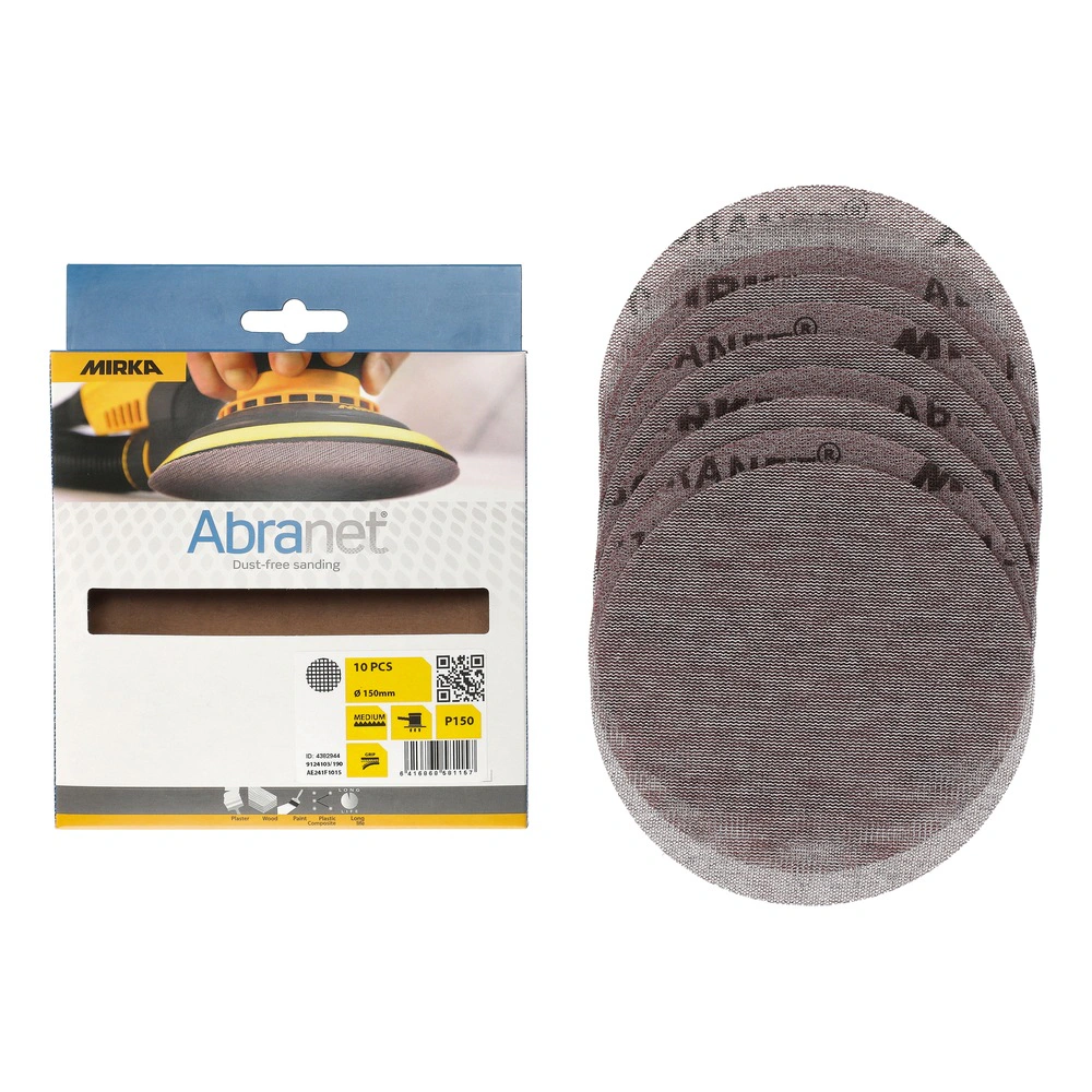 A cardboard package of sanding discs shown next to a stack of loose round