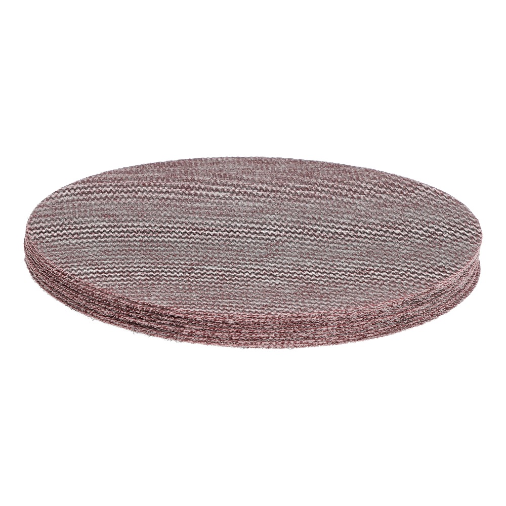 A stack of round sanding discs in a reddish-brown color on a white