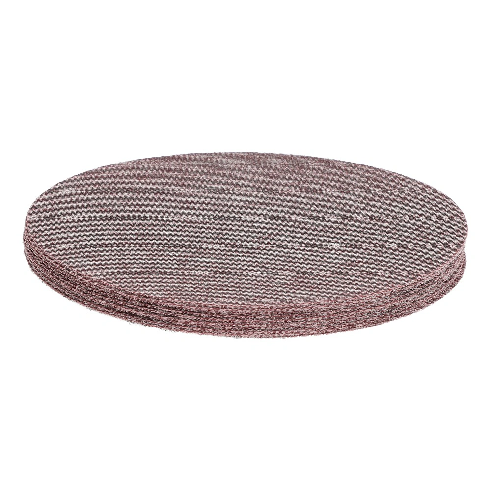 A stack of round sanding discs in a reddish-brown color on a white