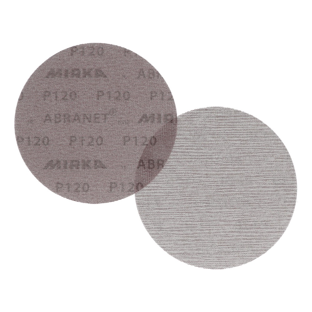 Two overlapping round sanding discs, one dark and one light, with visible