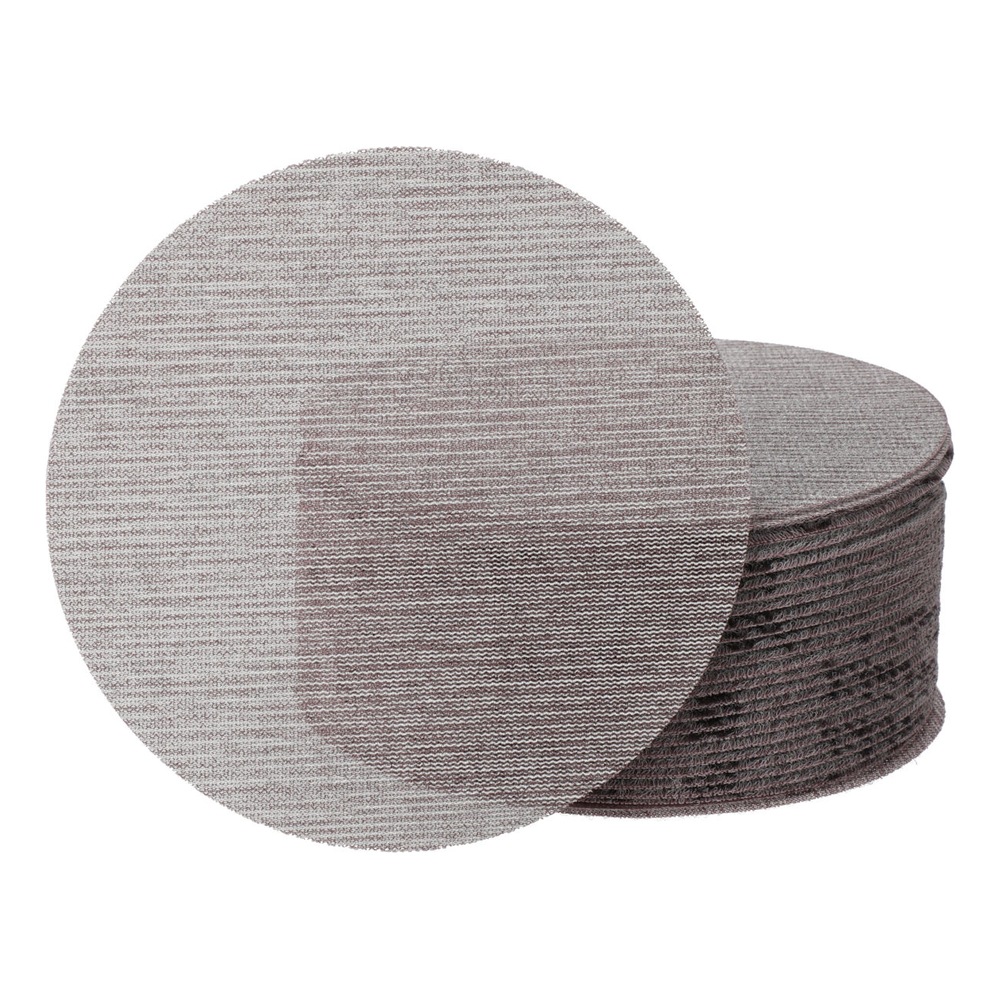 A stack of round sanding discs in gray-brown with one disc shown in front