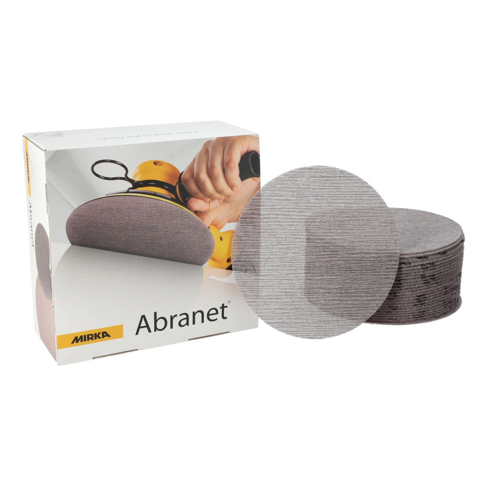 Product box with a hand sander image on it, plus a stack of round gray