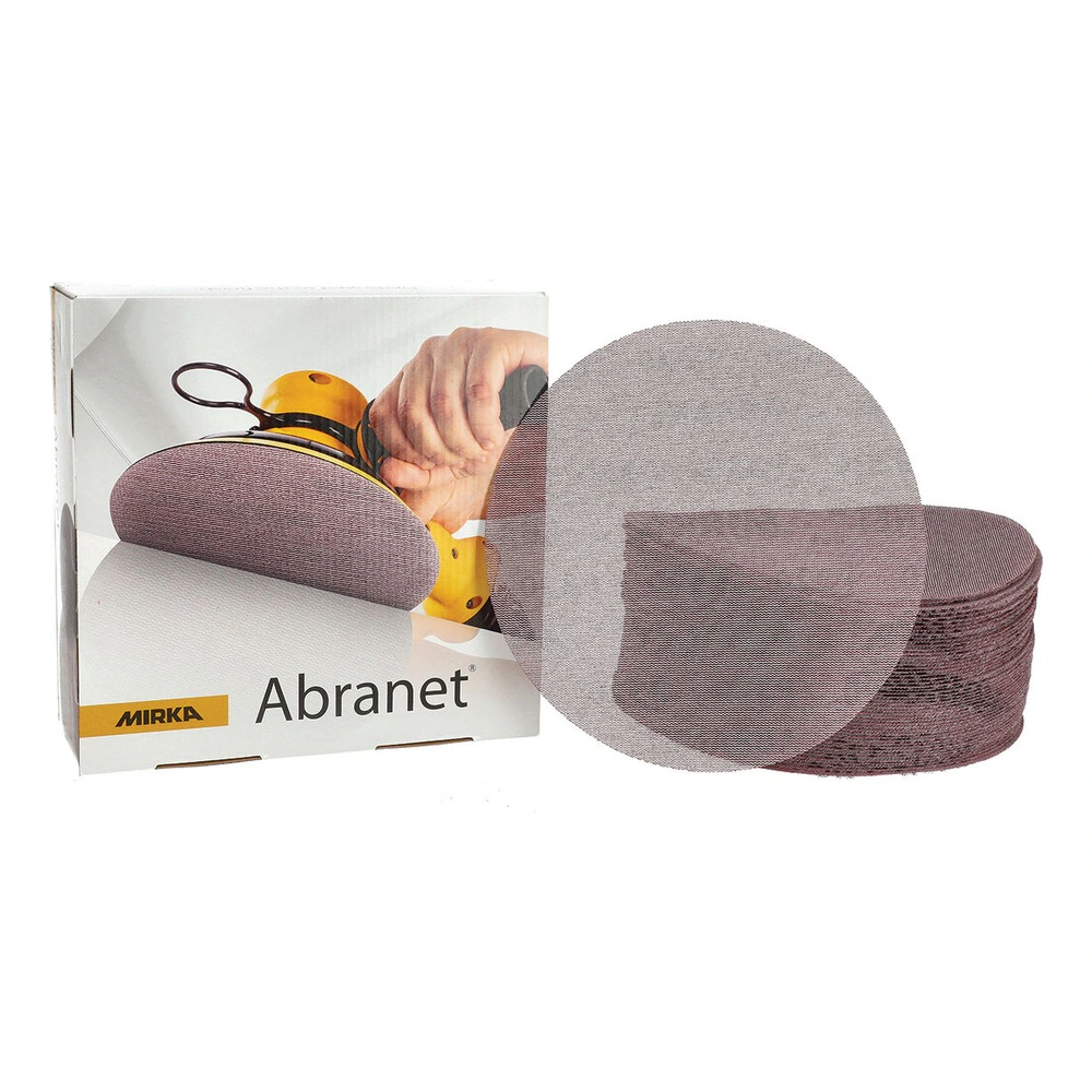 Product box on the left with a stack of round sanding discs beside it