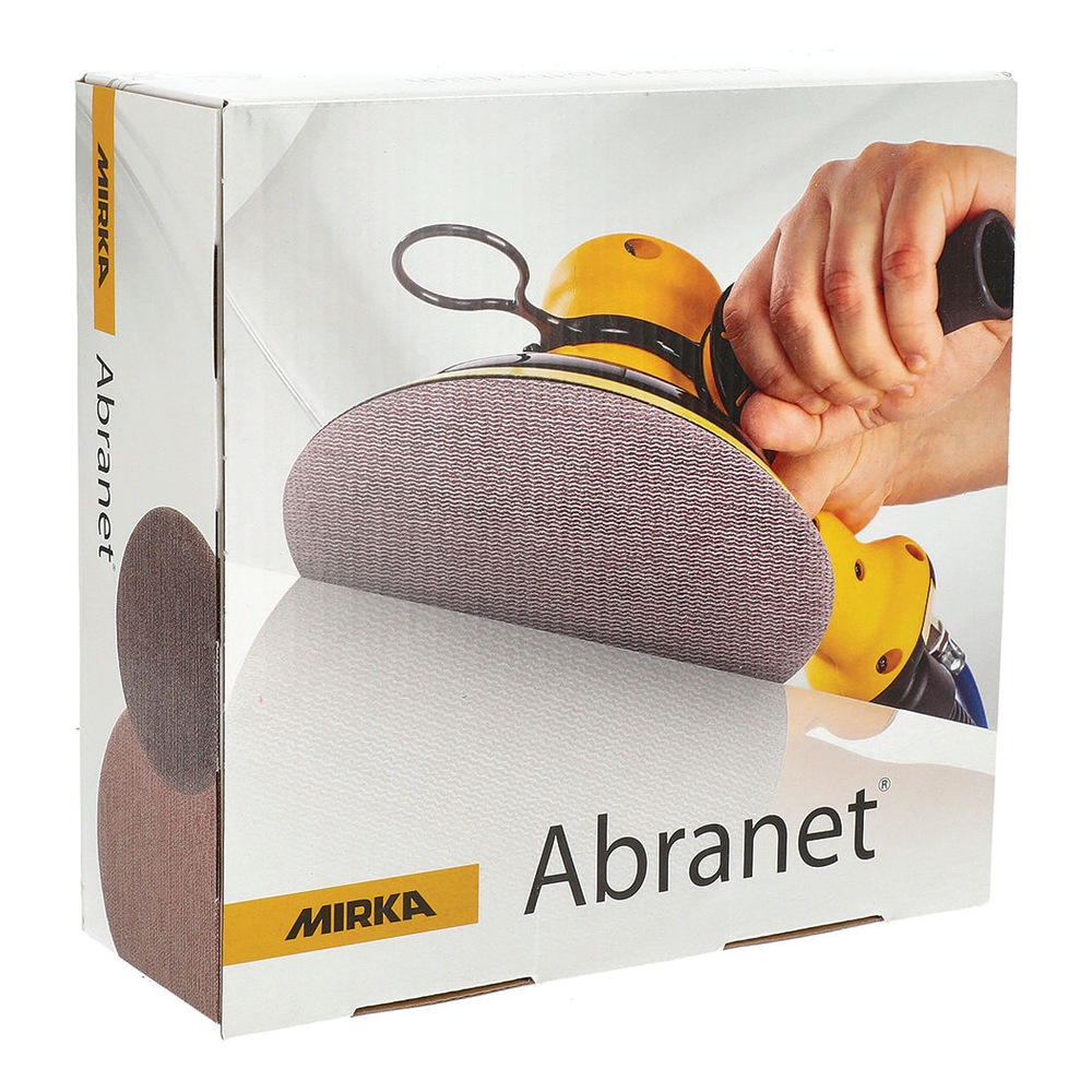 White Mirka Abranet package box with a photo of a hand sander and a large