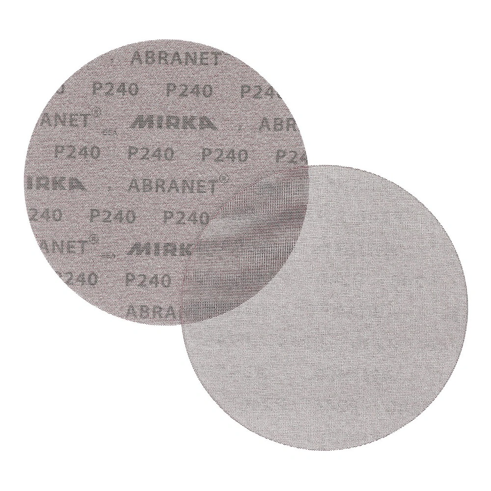 שני דיסקי רשת עגולים חופפים, אחד עם הדפס Abranet ו-P240 והשני חלק יותר - Two overlapping round mesh sanding discs, one printed with Abranet
