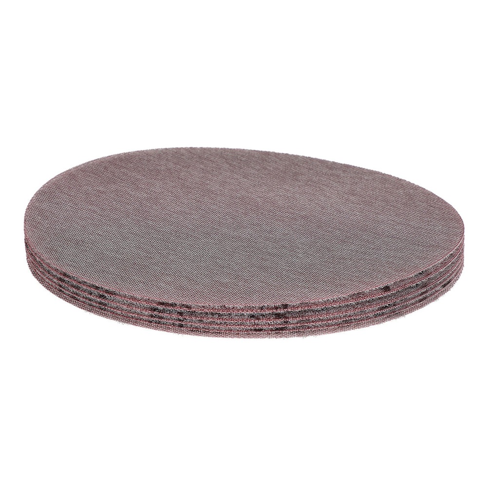 Stack of thin round sanding discs in gray-pink, shown at an angle on a white