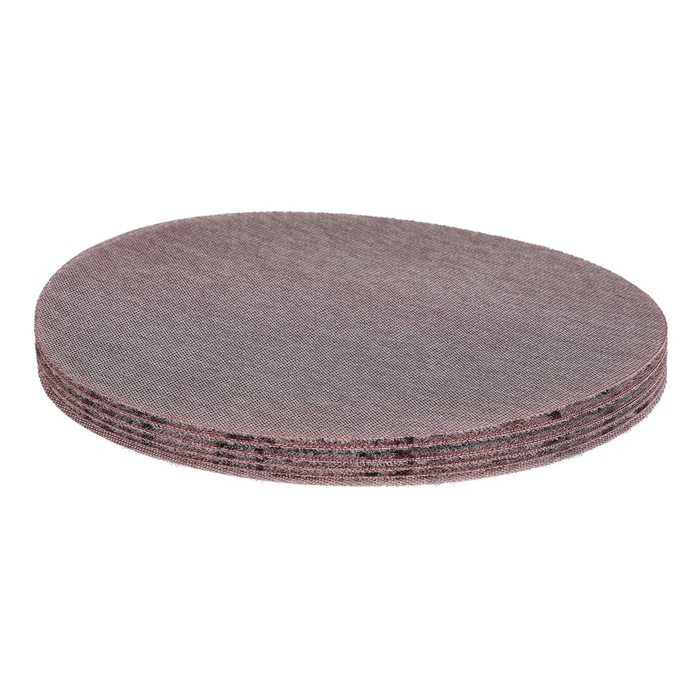 Stack of thin round sanding discs in gray-pink, shown at an angle on a white