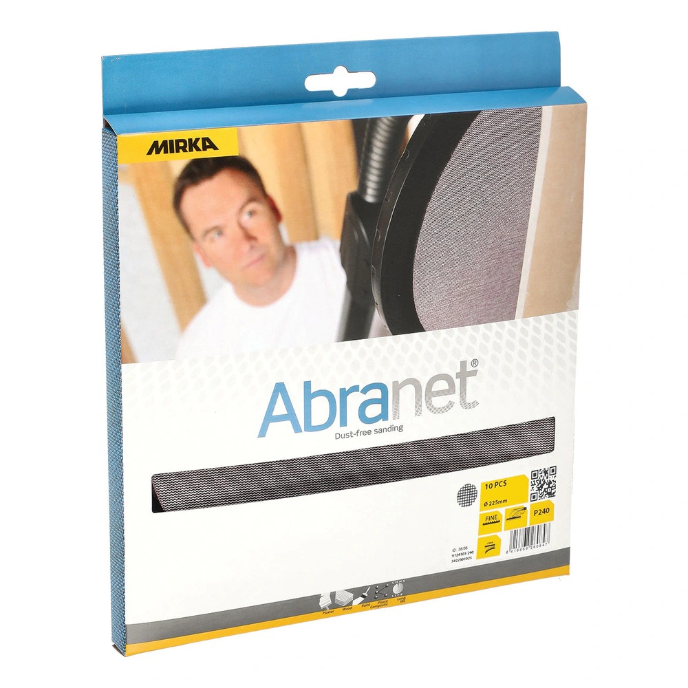 Front of a mesh sanding disc package, with Mirka branding, a picture panel