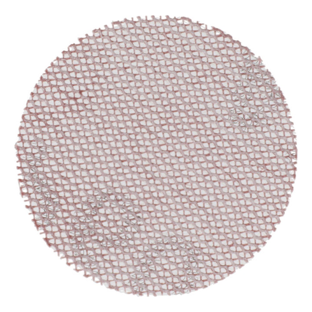 Close-up of a light-colored round mesh sanding disc on a white background
