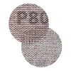 Two round mesh sanding discs in a reddish-brown color on a white background