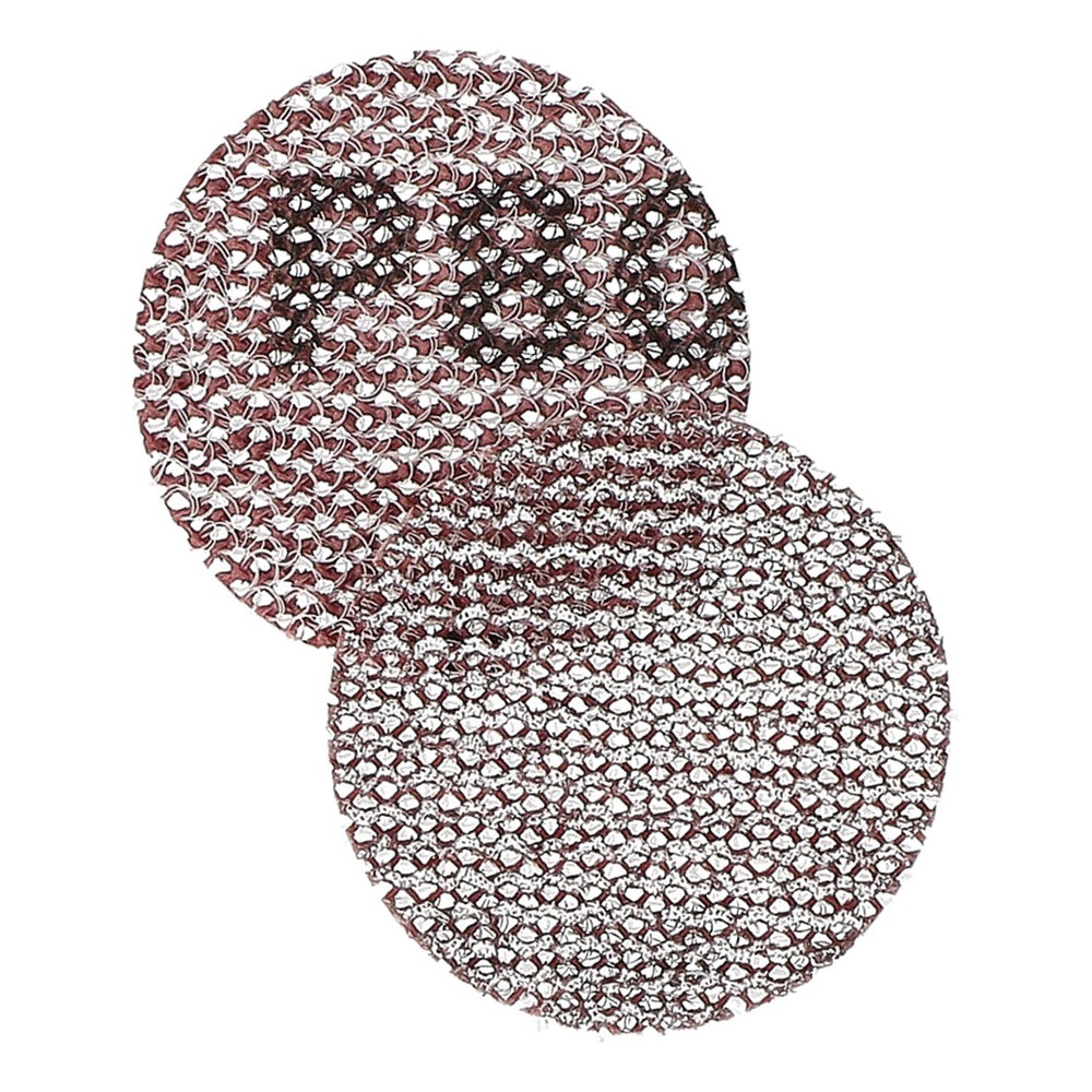 Two round mesh sanding discs in a reddish-brown color on a white background