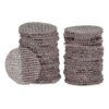 Two stacks of round reddish-brown mesh sanding discs, with single discs