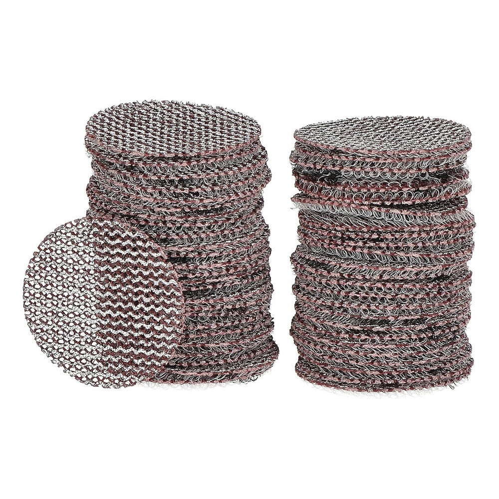 Two stacks of round reddish-brown mesh sanding discs, with single discs
