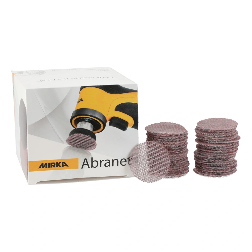 A white product box with a tool image and Mirka Abranet branding, next