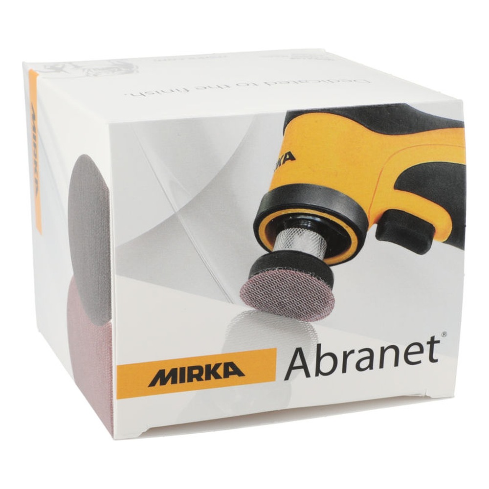 A white Mirka Abranet package shown at an angle, with an illustration