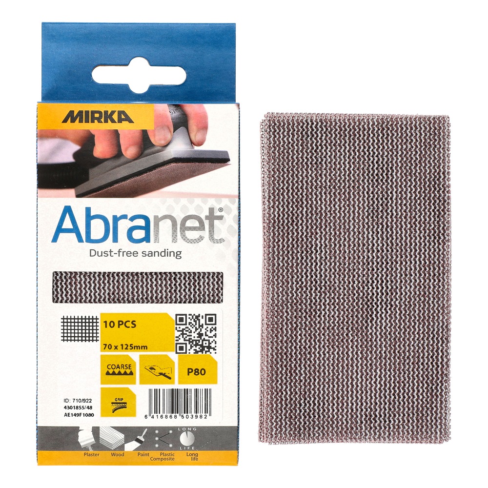 An opened Mirka Abranet cardboard pack beside one rectangular brown-gray
