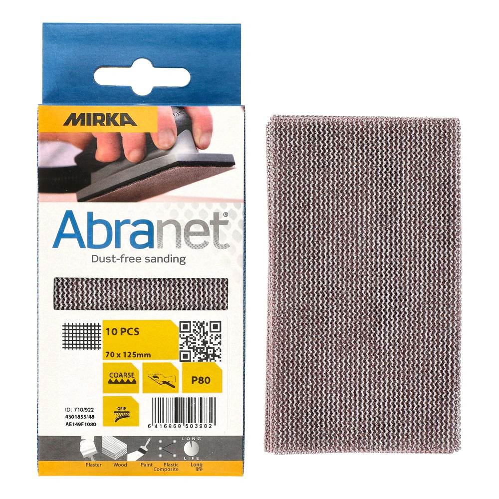 An opened Mirka Abranet cardboard pack beside one rectangular brown-gray