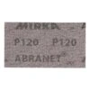 A rectangular mesh sanding sheet with black printed text on it, on a white