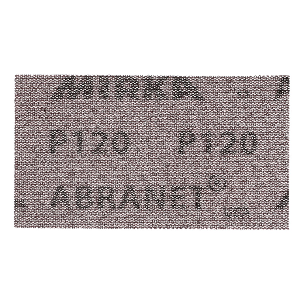 A rectangular mesh sanding sheet with black printed text on it, on a white