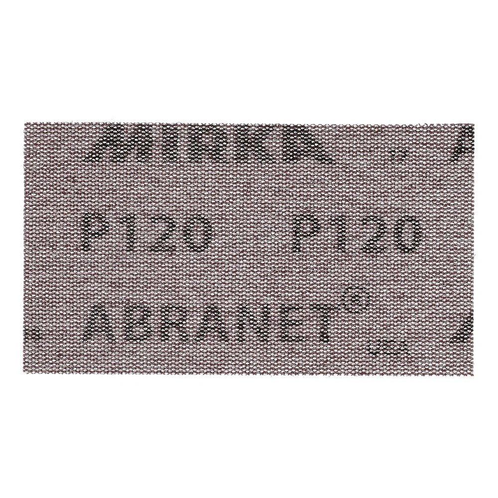 A rectangular mesh sanding sheet with black printed text on it, on a white