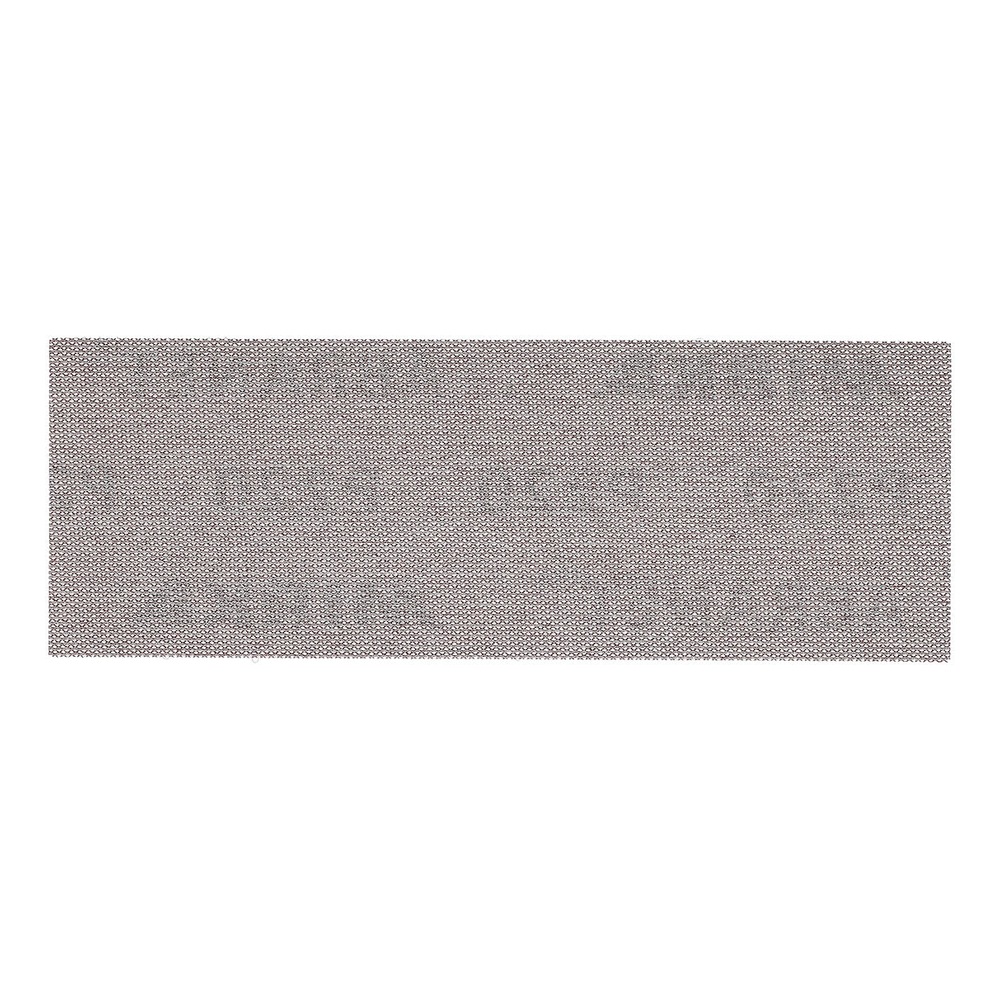 A narrow rectangular brown-gray mesh sanding sheet on a white background
