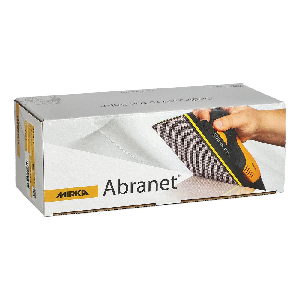 A white Abranet cardboard box with an image of a hand holding a mesh sander