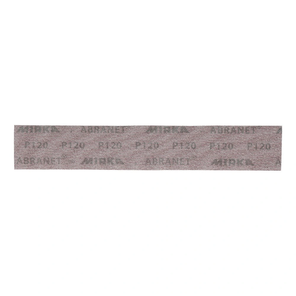 רצועת נייר ליטוש רשת אחת עם הדפס חלקי, מוצגת אופקית על רקע לבן - A single mesh sanding strip with partial printed markings, shown