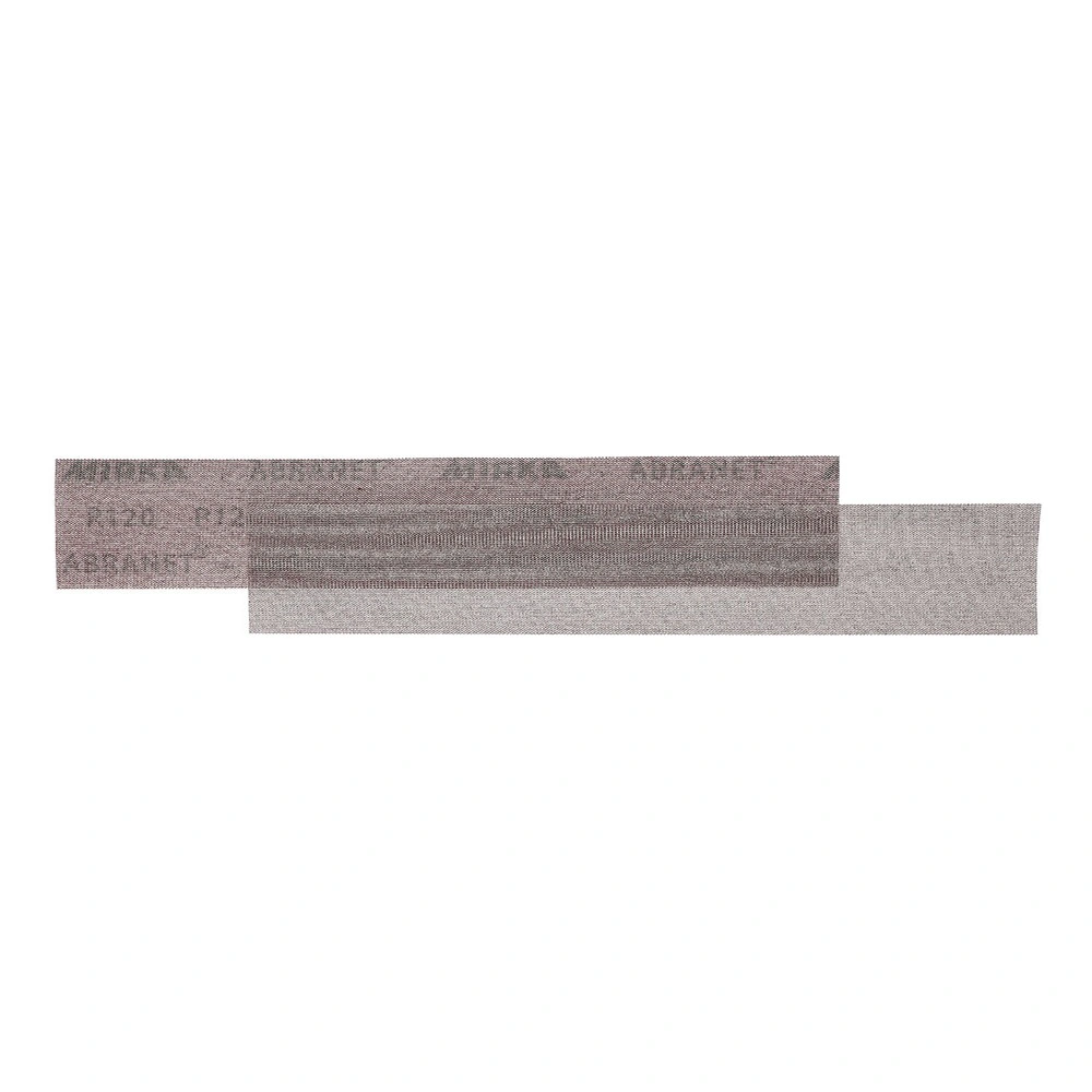 Two overlapping mesh sanding strips, one darker and one lighter, on a white