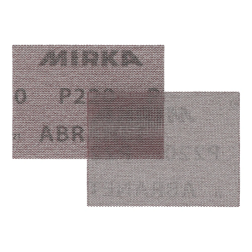 Three overlapping mesh sanding sheets on a white background, two with dark