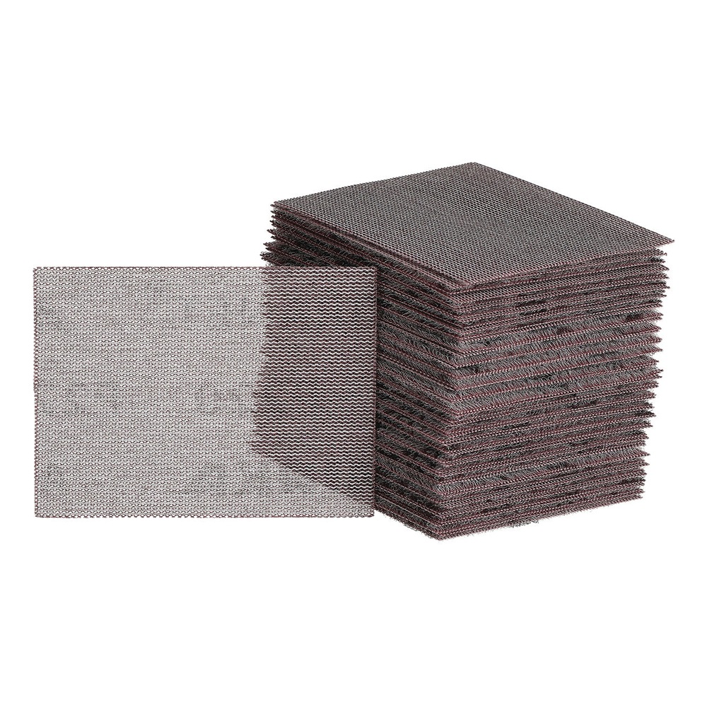 A stack of rectangular mesh sanding sheets on a white background, with one