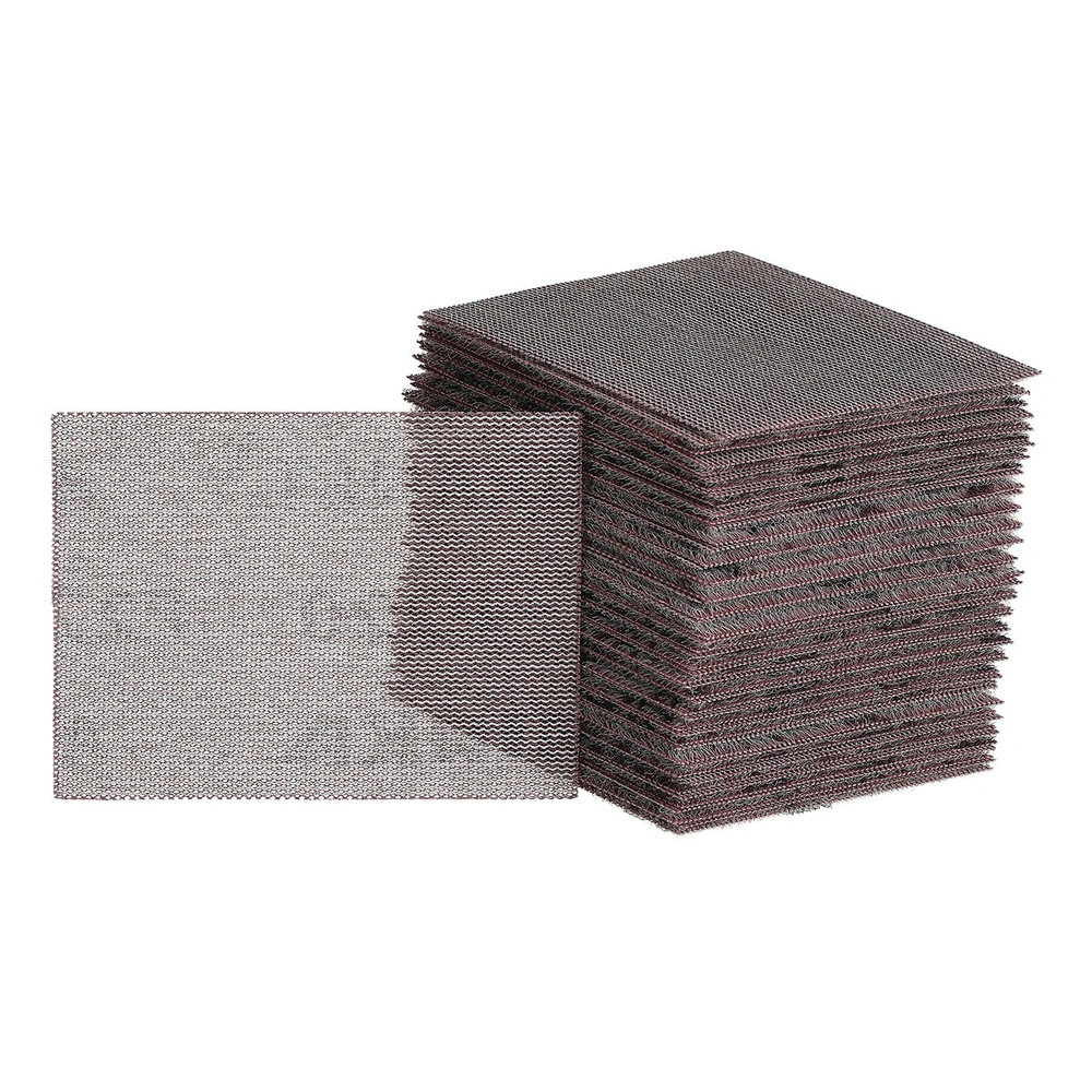 A stack of rectangular mesh sanding sheets on a white background, with one