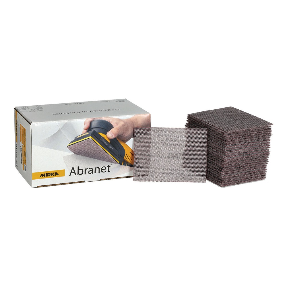 A cardboard box with a stack of rectangular mesh sanding sheets and one