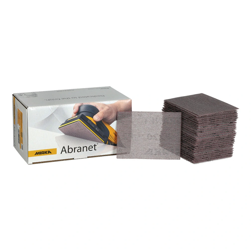 A cardboard box with a stack of rectangular mesh sanding sheets and one