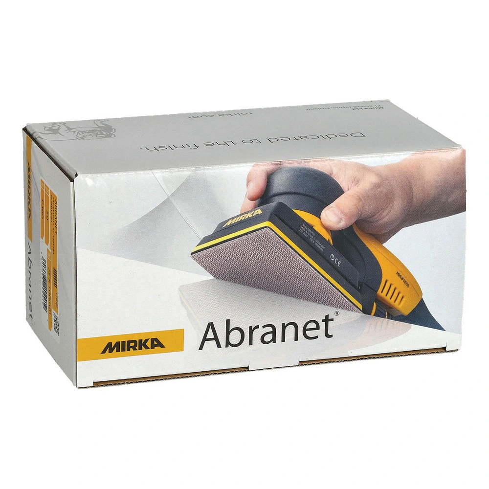A cardboard box shown at an angle with a printed image of a hand sander