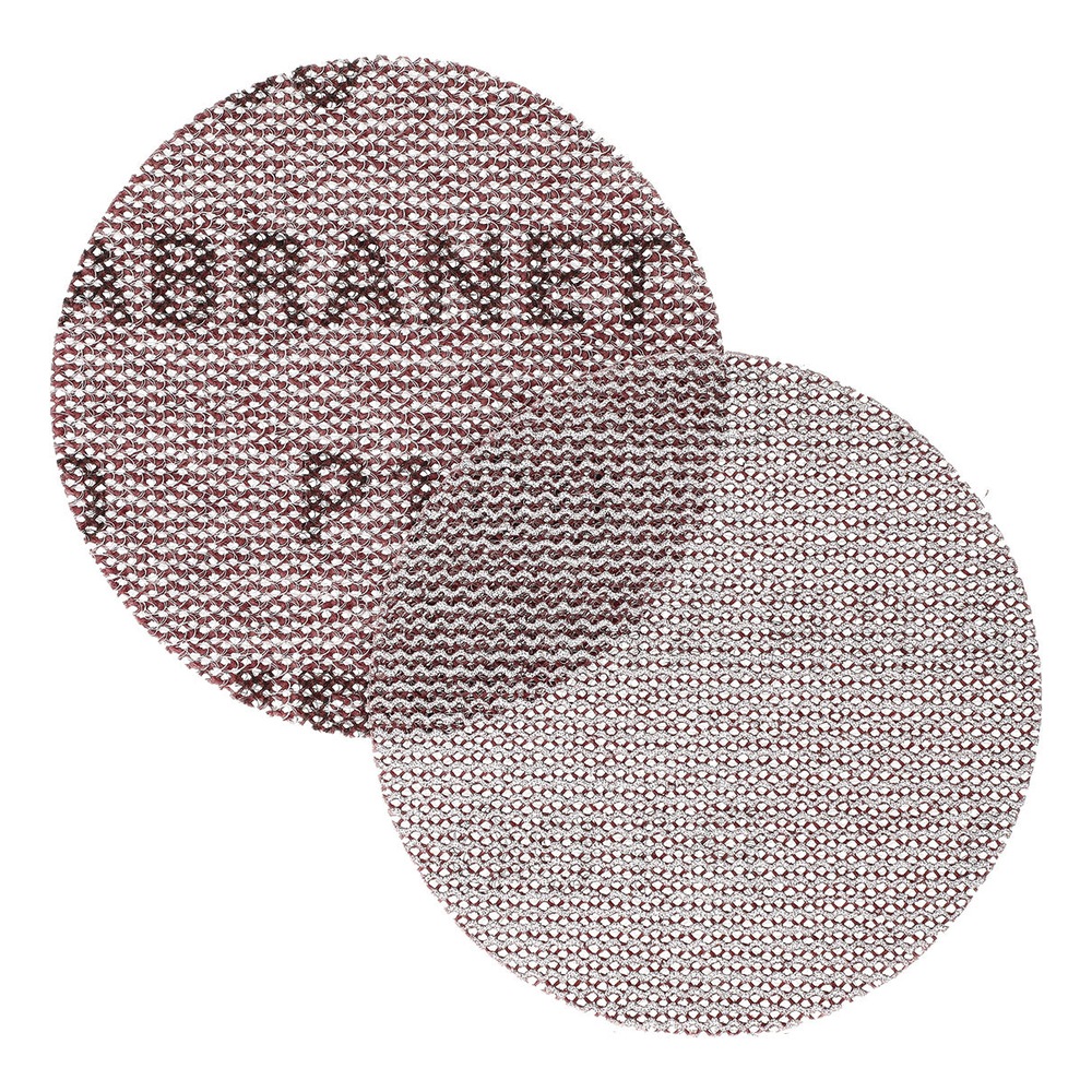 Two overlapping round mesh sanding discs, one darker and one lighter