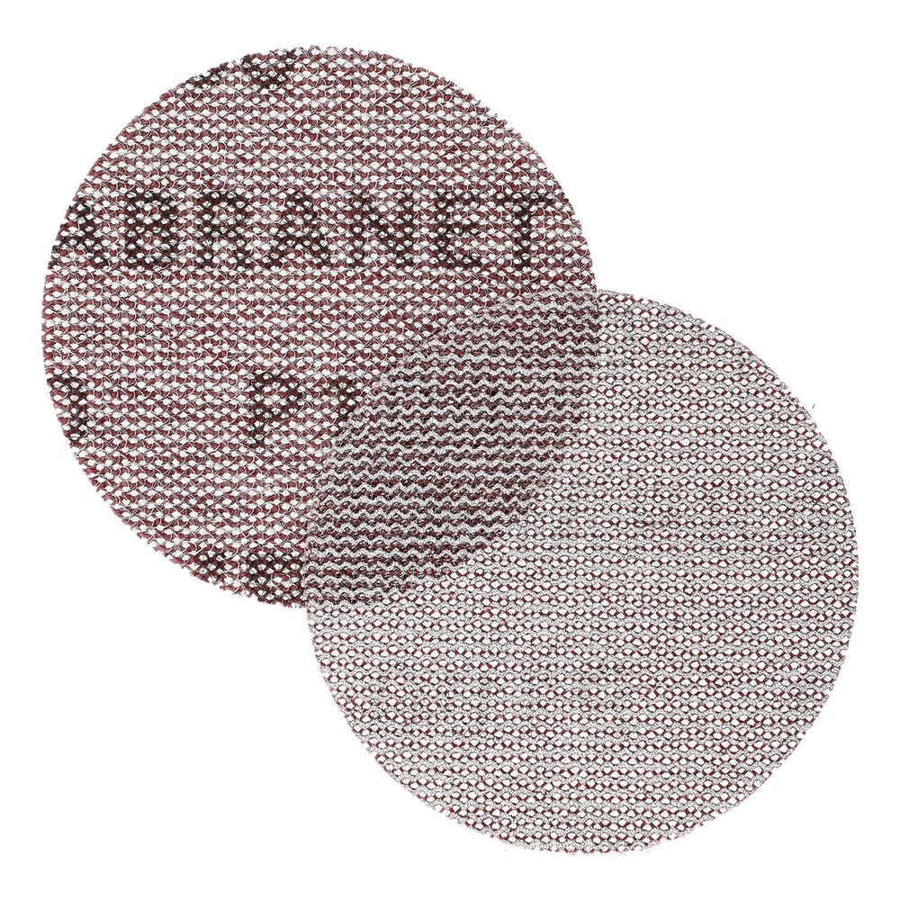 Two overlapping round mesh sanding discs, one darker and one lighter