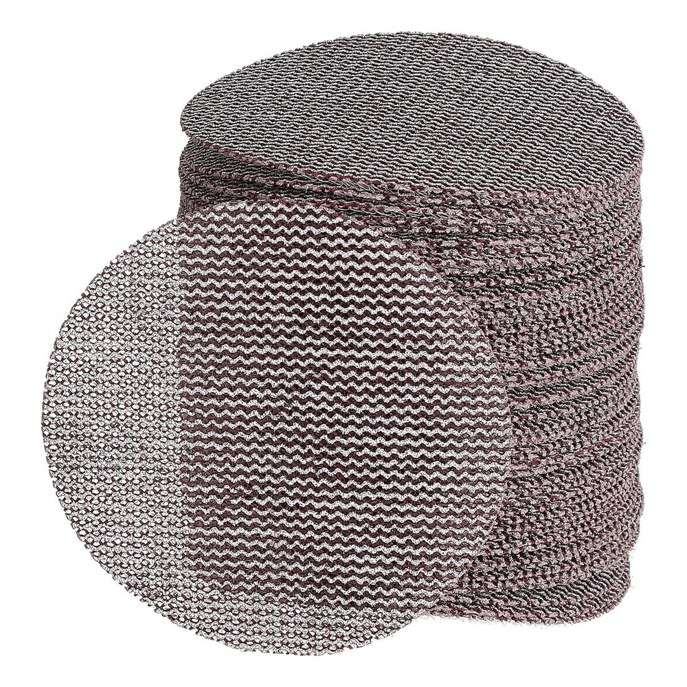Stack of round mesh sanding discs in brown-gray, shown in close-up