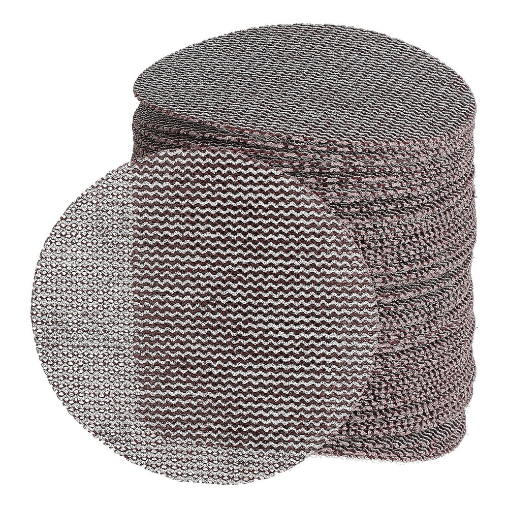 Stack of round mesh sanding discs in brown-gray, shown in close-up