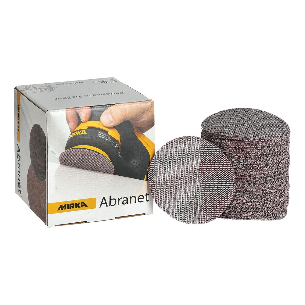 Packaging box with a stack of round mesh sanding discs and one disc shown