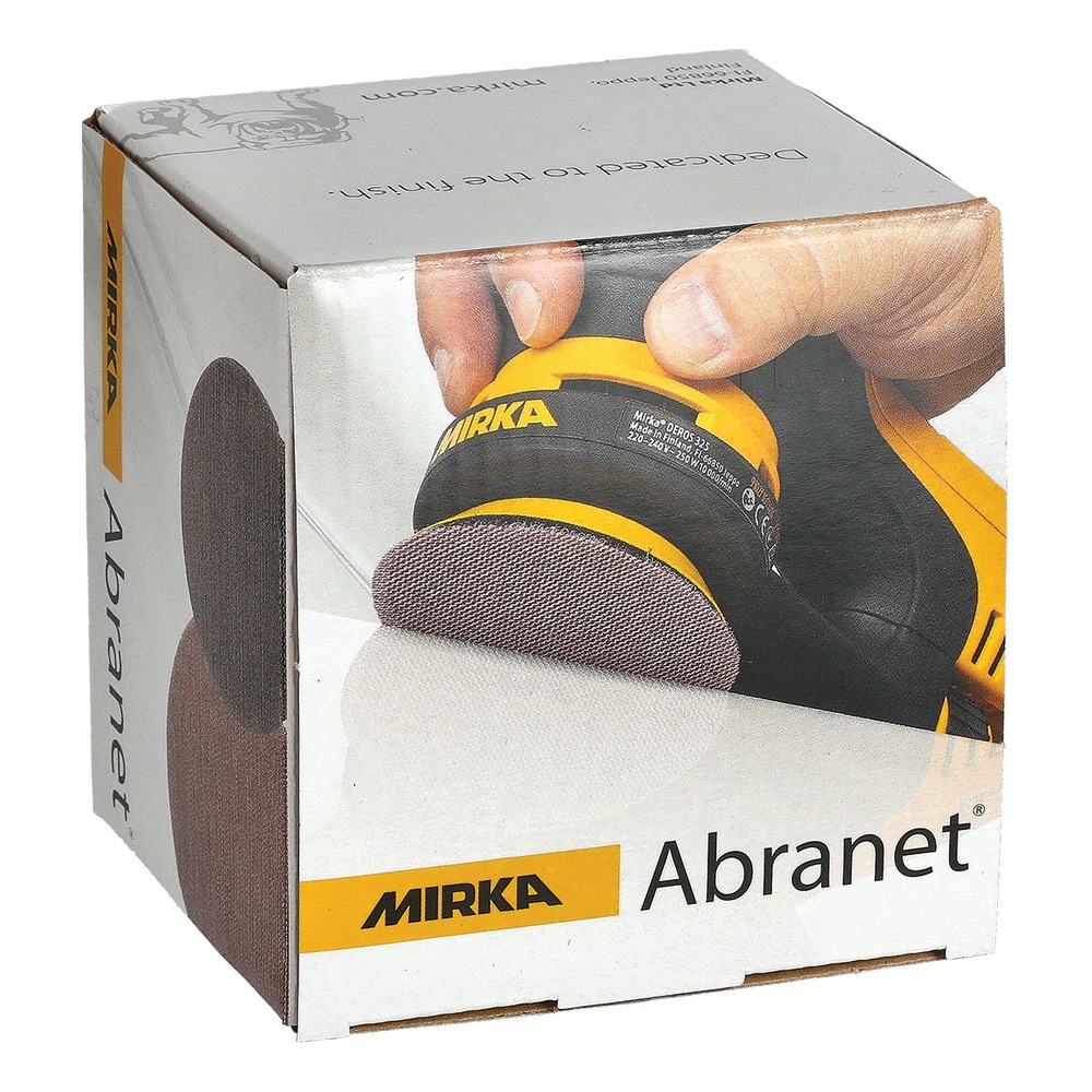 Close-up of a package box for round mesh sanding discs, with a printed use