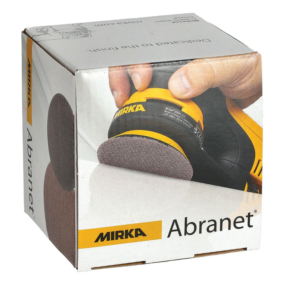 Close-up of a package box for round mesh sanding discs, with a printed use