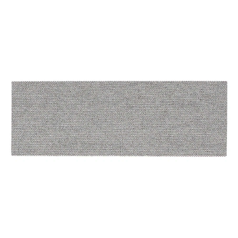 Flat rectangular mesh sanding strip in gray-brown, shown on a white