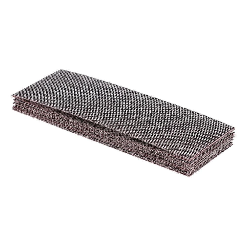 Stack of folded rectangular mesh sanding strips, shown at an angle