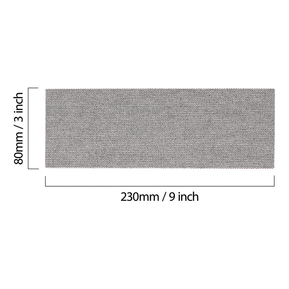 A rectangular gray sanding mesh sheet with dimension markings for 80 mm