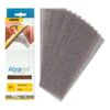 An open Mirka package beside a stack of rectangular gray sanding mesh sheets