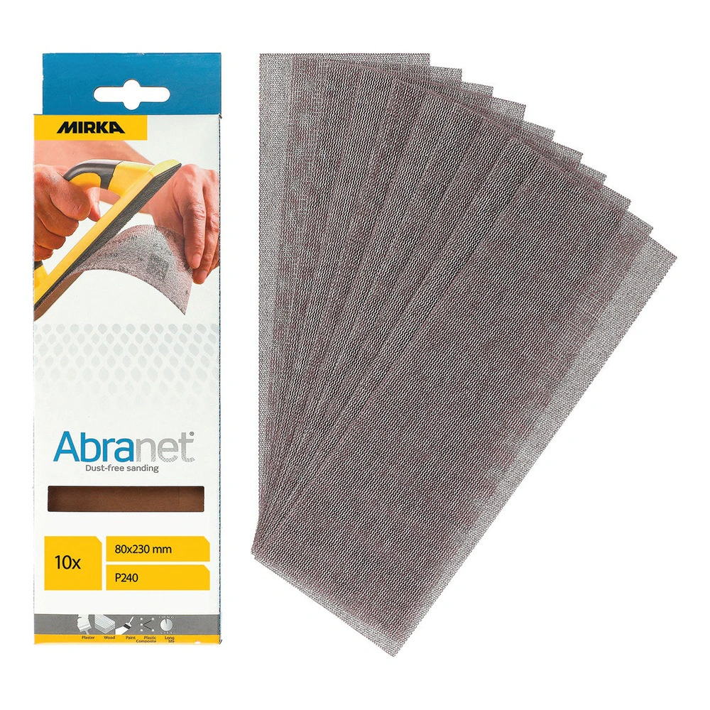 An open Mirka package beside a stack of rectangular gray sanding mesh sheets