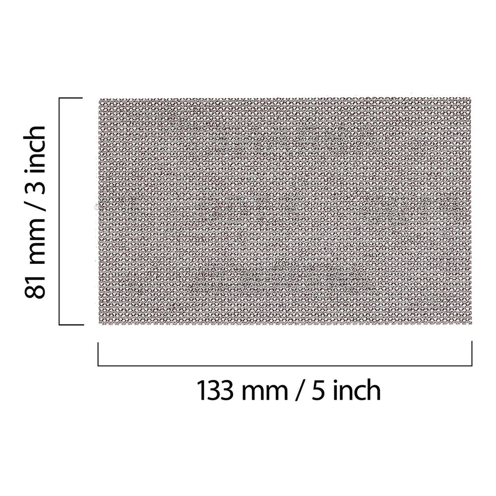 A rectangular abrasive mesh sheet with dimension markings 81 mm by 133 mm