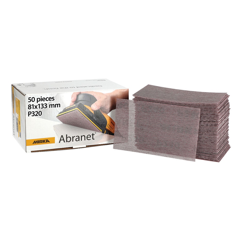 A box of sanding sheets next to a stack of folded abrasive mesh sheets