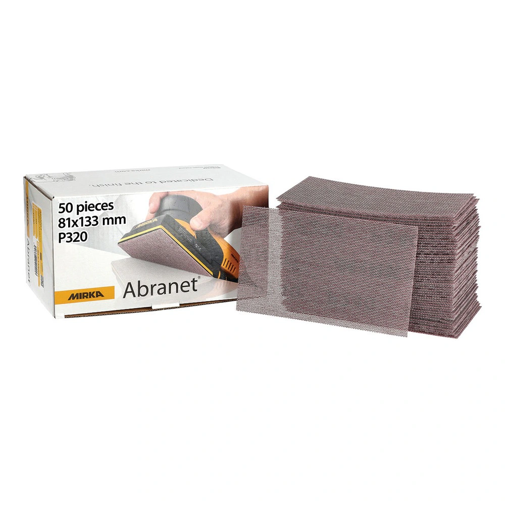 A box of sanding sheets next to a stack of folded abrasive mesh sheets